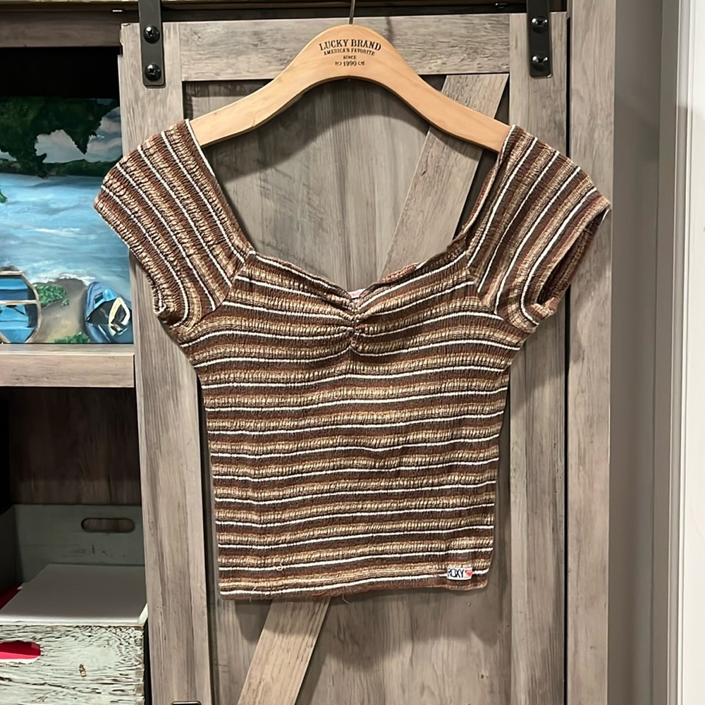 ROXY QUICKSILVER Brown/Ivory Striped Fitted Top,Small